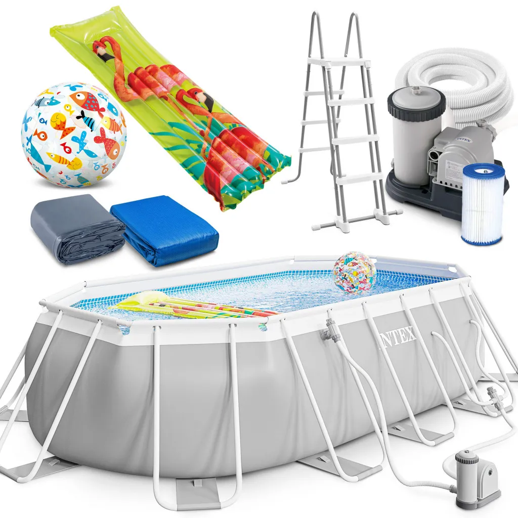 Intex Prism Frame Oval Swimming Pool 503x274x122 cm Schwimmbecken Leiter & Pumpe Komplett-Set mit Extra-Zubehör wie: Strandball und Luftmatratze